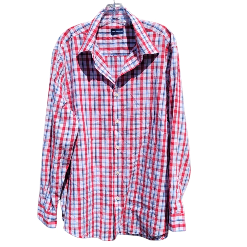 EUC Men's John Asher Red White & Blue Long Sleeve Button Down Plaid Shirt